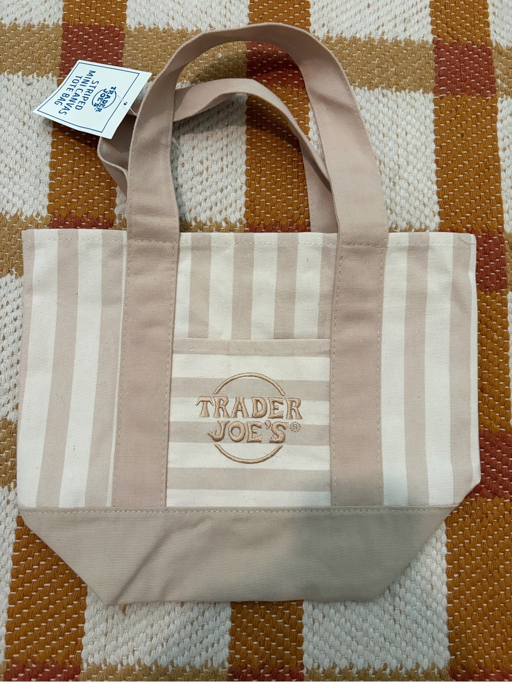 Trader Joes Mini Cream & Tan Striped Canvas Tote Bag